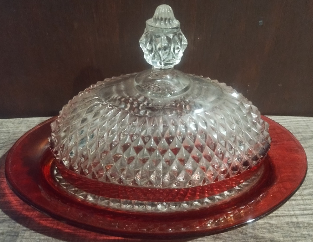 Vintage Holiday Christmas Ruby Red Flash Diamond Point Oval Covered Butter Dish